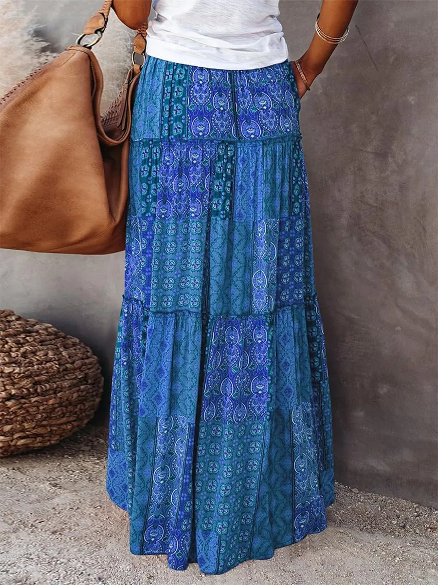 Women's Summer Beach Bohemian Long Skirt Floral Printed Maxi Skirt Vintage Stretch High Waist Halter Skirt