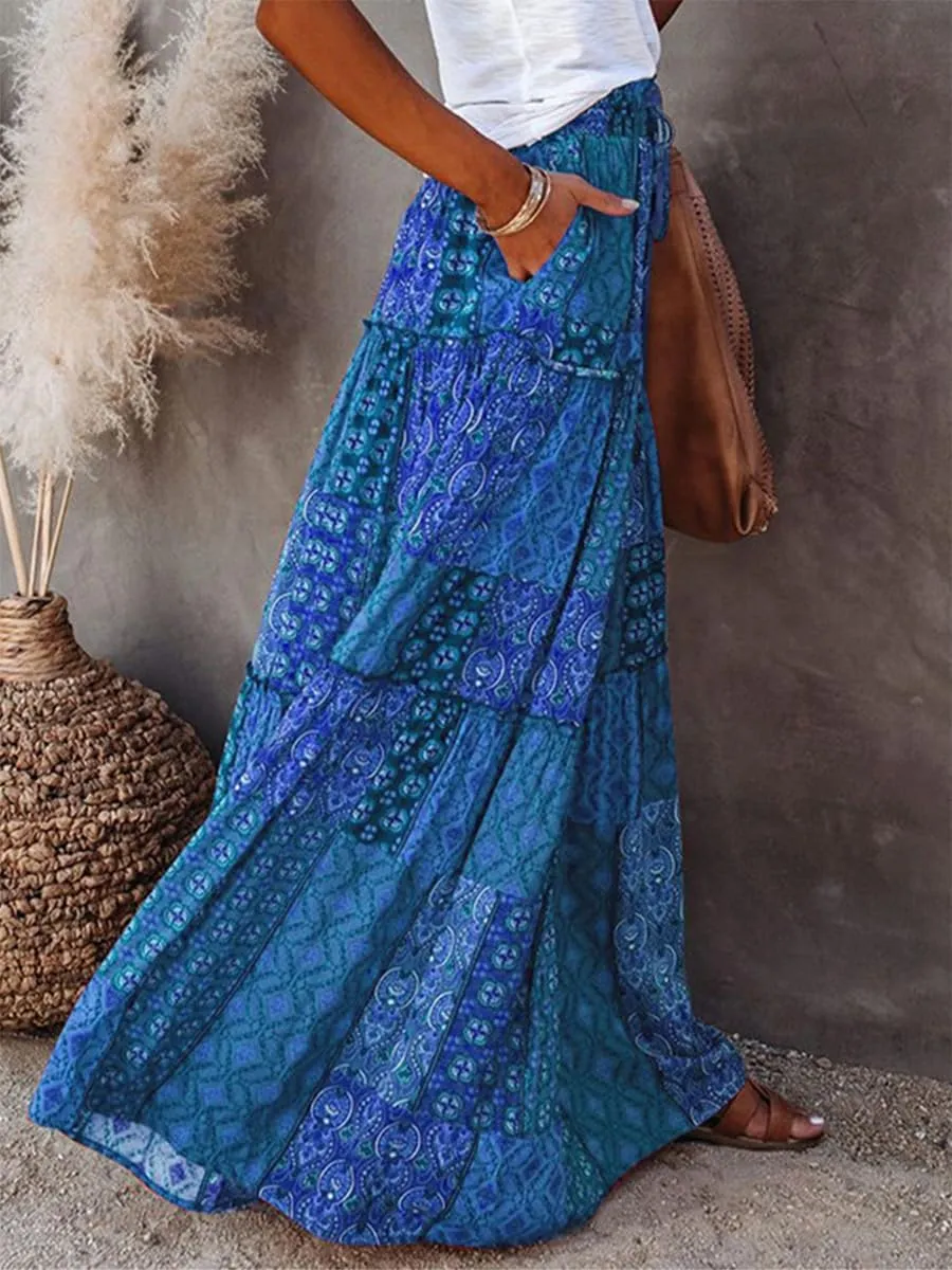 Women's Summer Beach Bohemian Long Skirt Floral Printed Maxi Skirt Vintage Stretch High Waist Halter Skirt