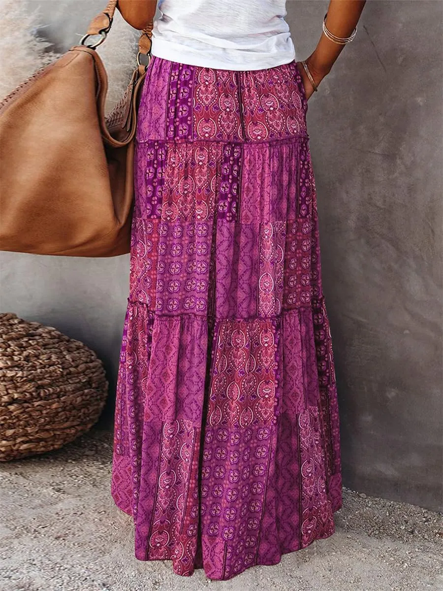 Women's Summer Beach Bohemian Long Skirt Floral Printed Maxi Skirt Vintage Stretch High Waist Halter Skirt