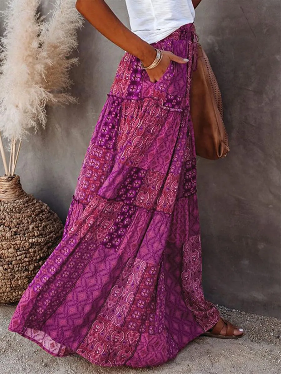 Women's Summer Beach Bohemian Long Skirt Floral Printed Maxi Skirt Vintage Stretch High Waist Halter Skirt