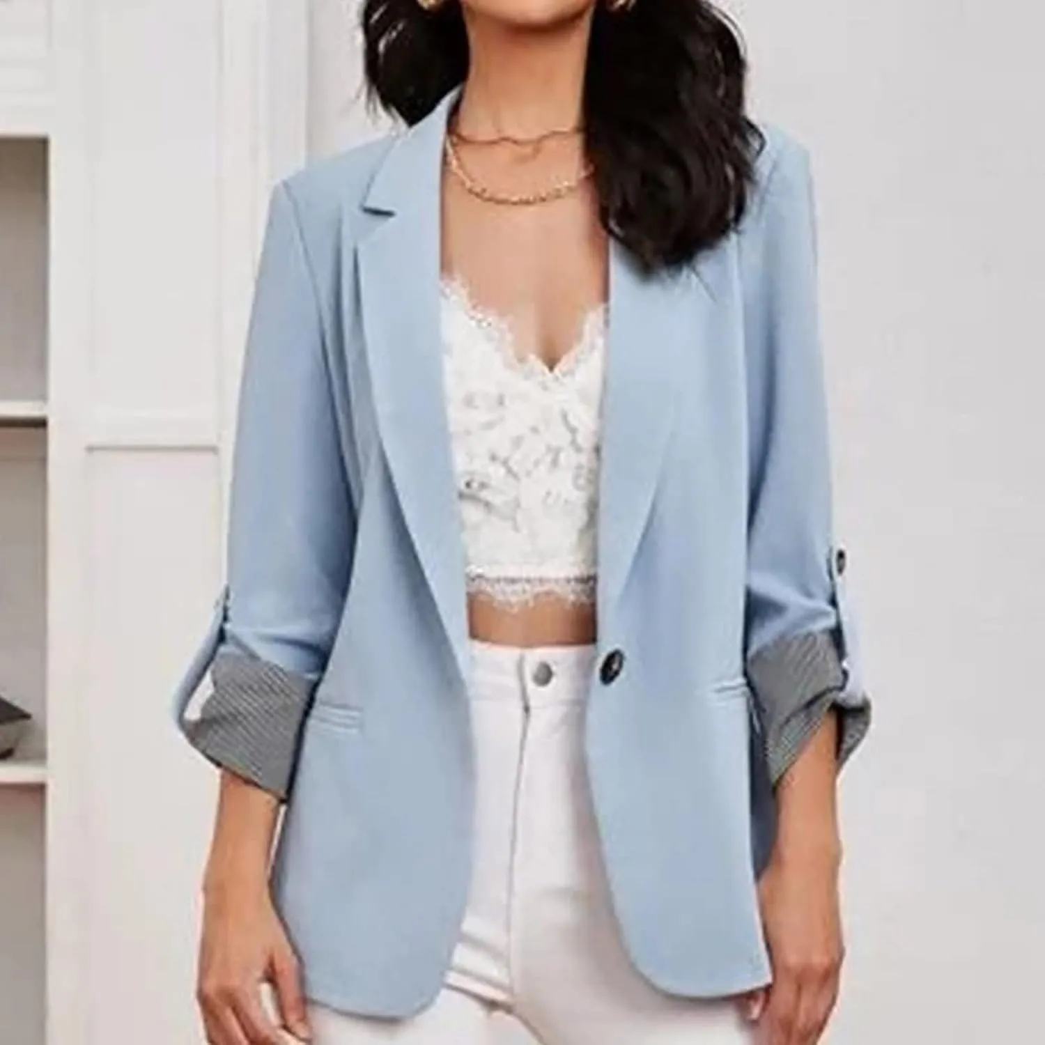 Womens Work Casual Roll up Sleeves Blazer Open Front Cardigan Business Office Suit Jackets Dressy Jackets Blazer