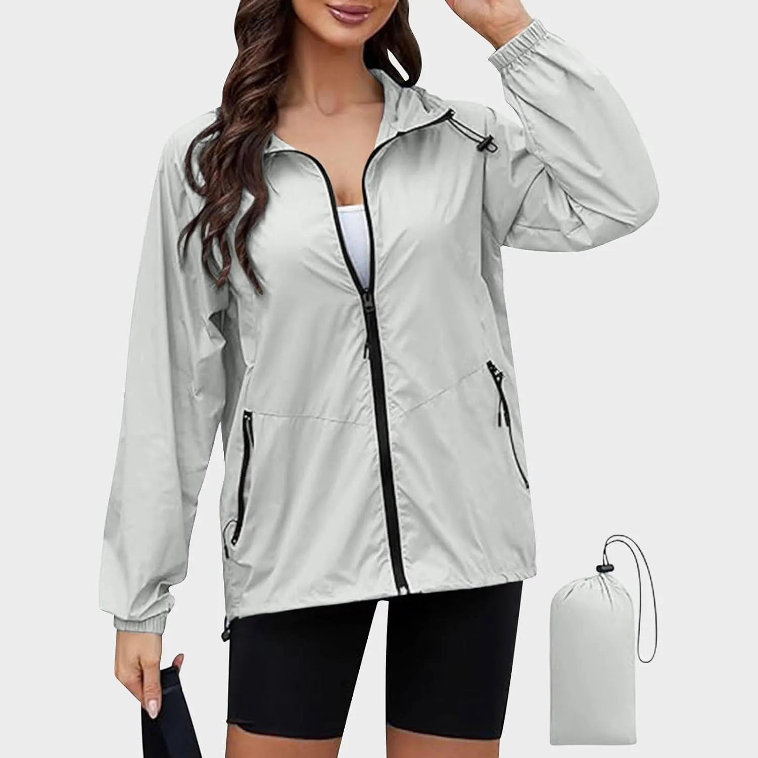 XUNRYAN Rain Jackets for Women Hooded Waterproof Packable Windbreaker Fall Outfits Sports Coat Outdoor Hiking Travel Jacket