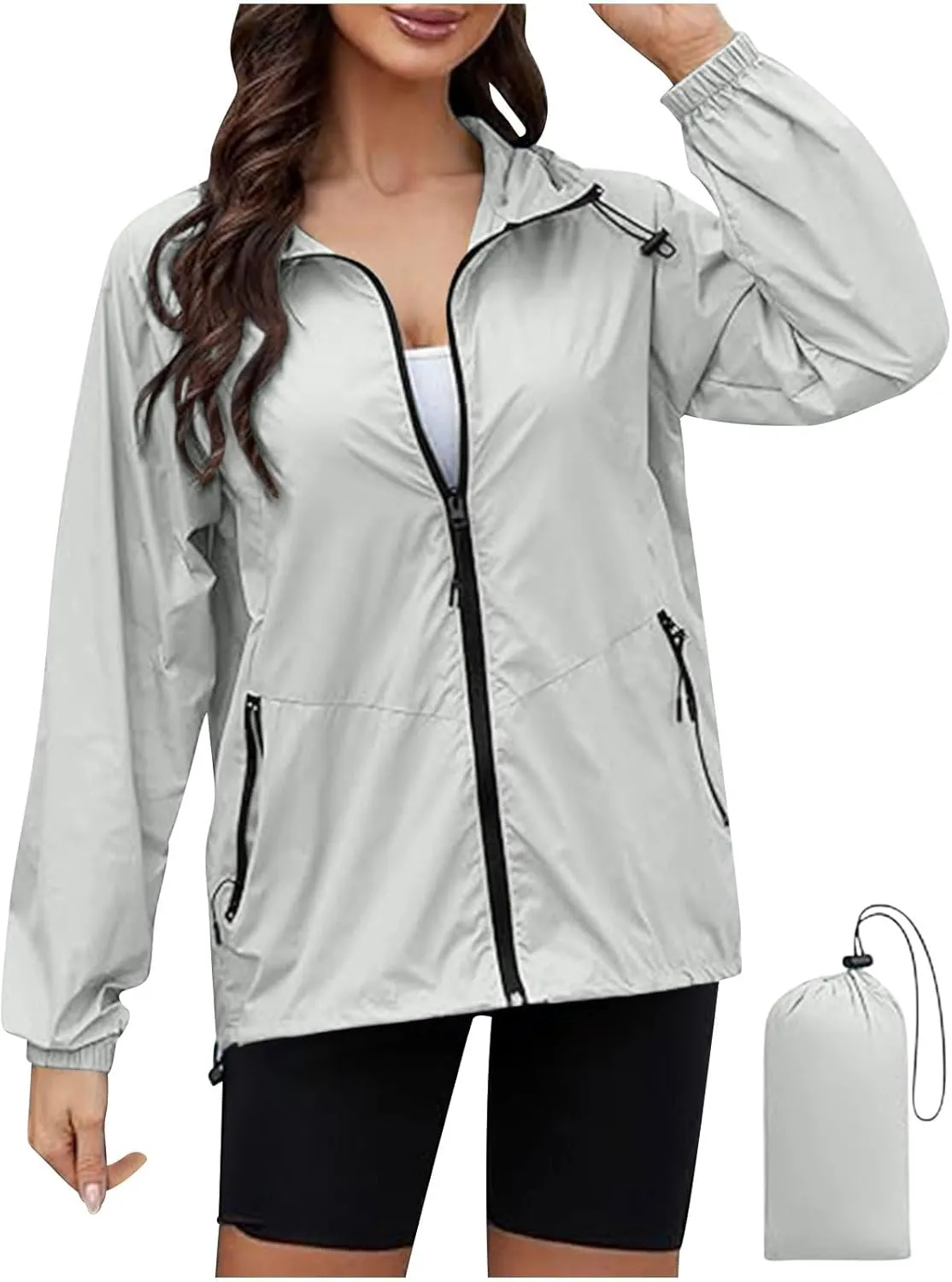 XUNRYAN Rain Jackets for Women Hooded Waterproof Packable Windbreaker Fall Outfits Sports Coat Outdoor Hiking Travel Jacket